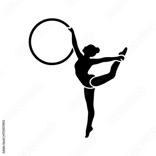 Black Silhouette Rhythmic Gymnast with Hoop Minimalist Vector Design