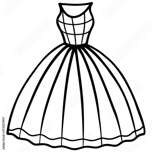 Elegant Tulle Dress Fashion Outline Vector Drawing Isolated on White