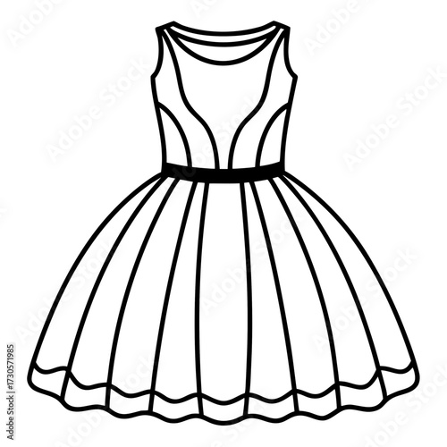 Elegant Tulle Dress Fashion Outline Vector Drawing Isolated on White