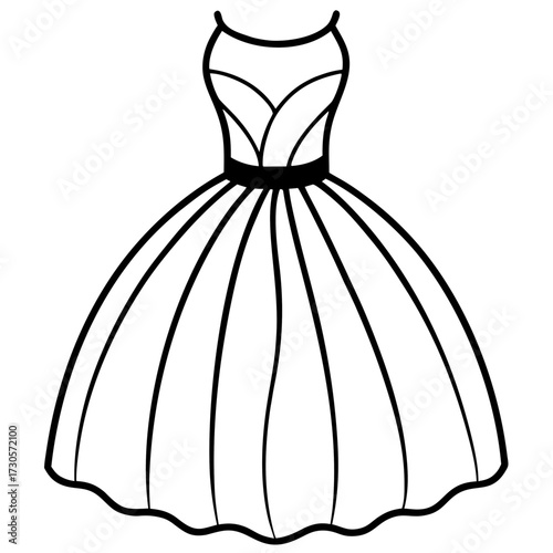 Elegant Tulle Dress Fashion Outline Vector Drawing Isolated on White
