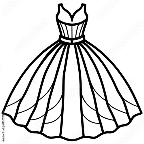 Elegant Tulle Dress Fashion Outline Vector Drawing Isolated on White