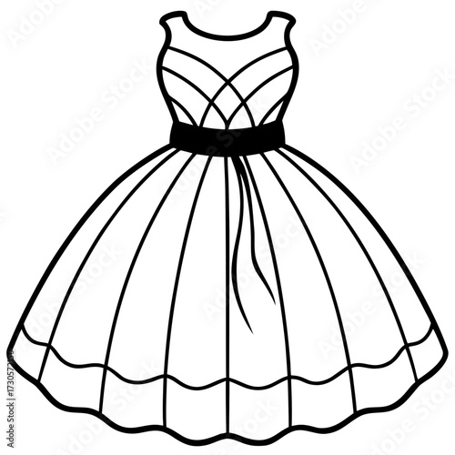 Elegant Tulle Dress Fashion Outline Vector Drawing Isolated on White