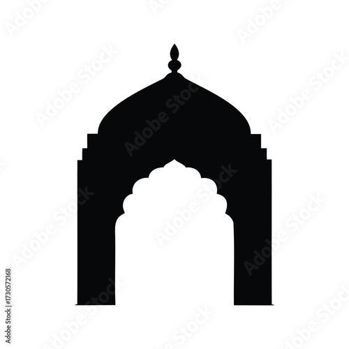 Dramatic silhouette of an architectural archway with a bulbous dome on top, minimal mosque entrance arch silhouette vector illustration