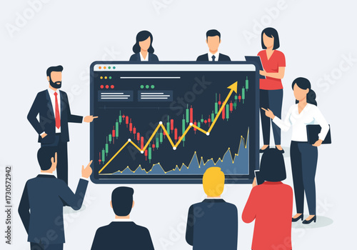 A diverse group of professionals gathered around a large screen displaying a rising stock market graph, symbolizing business growth and financial analysis.