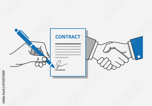 Business agreement concept showing a handshake and a hand signing a legal contract document.