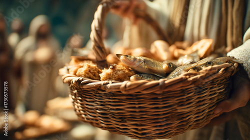 Jesus' Miracle of Feeding the 5000: Loaves and Fishes Abundantly Shared, a Divine Blessing and Testament of Faith.