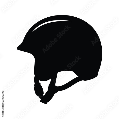 Protective black riding helmet with adjustable straps in a detailed silhouette, snowboard helmet silhouette vector illustration