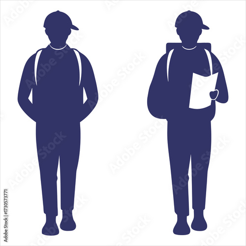 Two figures wearing caps and backpacks person silhouette