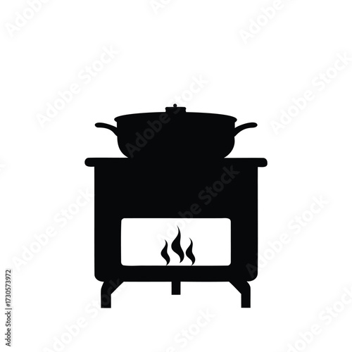 Silhouette of an antique wood burning stove with a pot on top, stove with pot silhouette vector illustration
