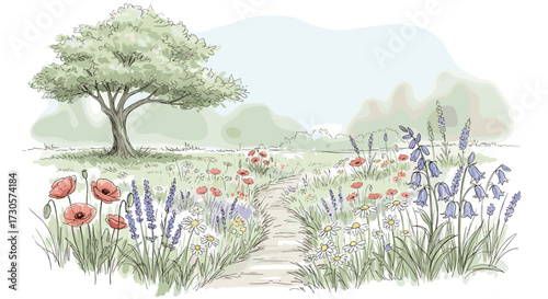 Hand-drawn vector illustration of a summer wildflower meadow with a path leading to a tree, scenic countryside landscape isolated on transparent background.