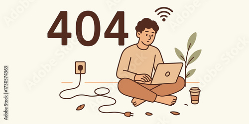 Vector illustration of a user encountering a 404 page not found error. A frustrated individual sits with a laptop, symbolizing a lost internet connection or website problem
