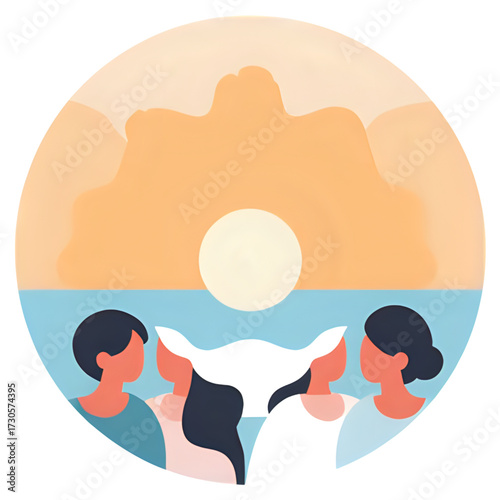 Diverse group of people sharing a moment of wonder at a serene sunset over the ocean.