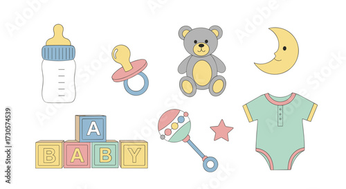 A charming collection of newborn baby shower icons in a cute, pastel vector illustration style, featuring essential items isolated on transparent background. svg