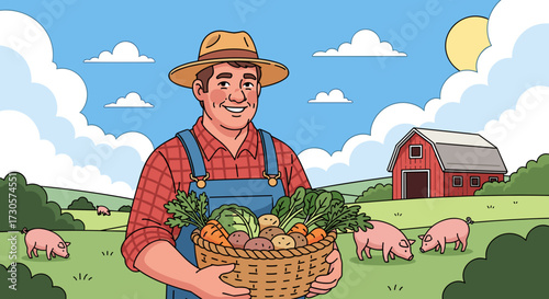 Smiling male farmer holding a basket of fresh organic vegetables on a rural farm with a red barn, pigs, and a sunny sky. Vector illustration concept.