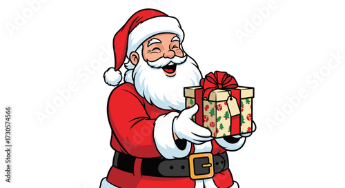 Jolly Santa Claus character giving a present, a Christmas holiday svg vector illustration isolated on transparent background for festive season design.
