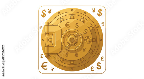 Golden Vault Door with Currency Symbols: Financial Security and Global Banking Icon, Representing Savings, Protection, and Wealth Management Strategies in Economic Context.