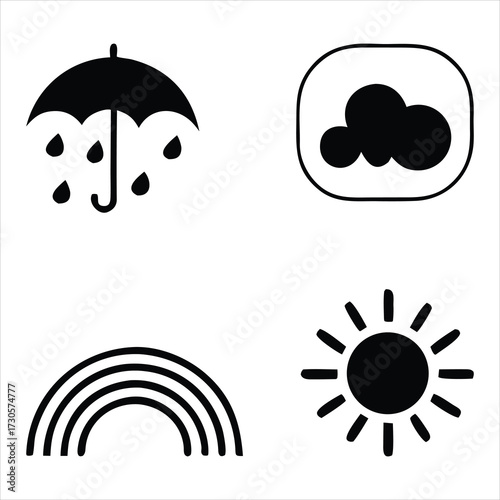 Weather symbols umbrella cloud rainbow sun drops rounded