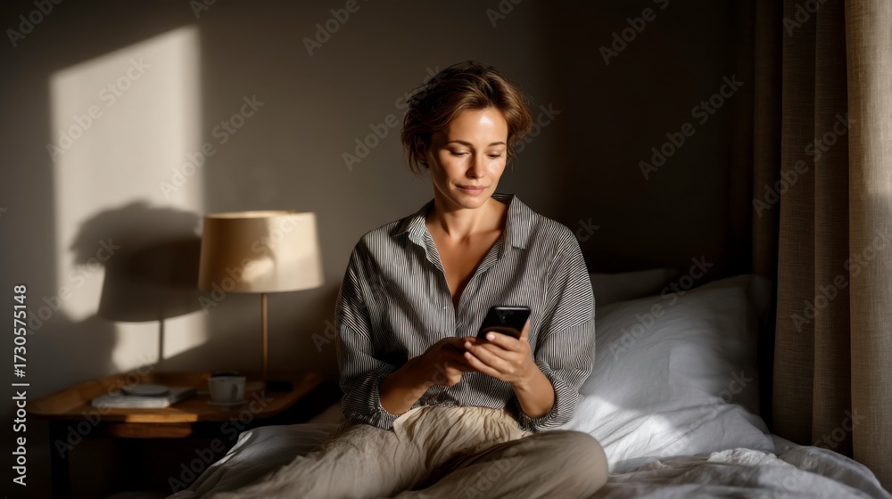 Fototapeta premium Woman using smartphone in cozy bedroom lifestyle photo natural light intimate setting personal connection