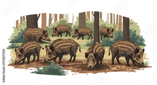 A group of wild boars foraging in a lush forest clearing. This detailed vector illustration is isolated on a transparent background for easy use. svg.