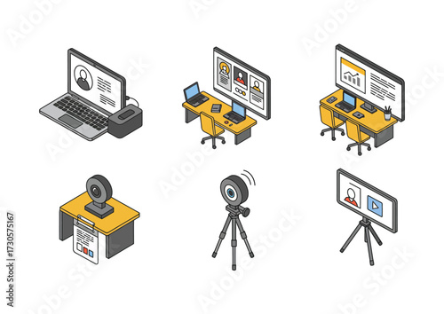 Hybrid Work Icons. A professional, clean, and editable vector icon set in isometric style, illustrating concepts of remote work