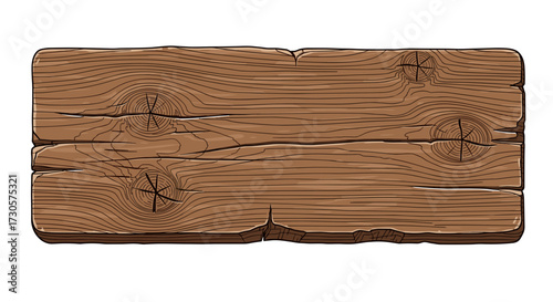 Rustic wooden plank sign with detailed timber grain texture, cracks, and knots. A blank retro banner vector illustration svg isolated on transparent background.