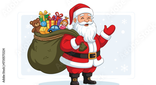 Cheerful cartoon Santa Claus waving and carrying a huge sack full of Christmas gifts and toys for the holiday season, vector illustration svg isolated on transparent background.