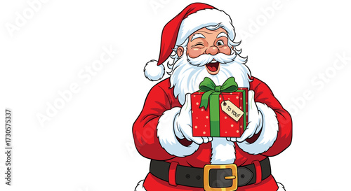 A jolly Santa Claus character winking and holding a festive Christmas gift. A cheerful holiday SVG vector illustration isolated on transparent background.