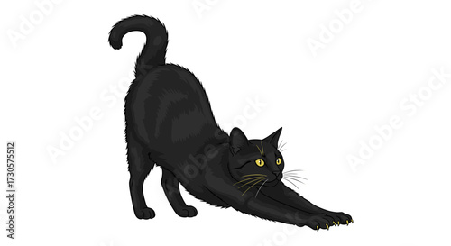 A detailed vector illustration of a sleek black cat stretching its body with claws extended, a domestic shorthair feline isolated on transparent background.