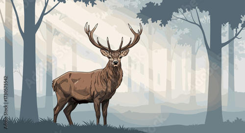 Majestic red deer stag with large antlers in a pixelated style, standing in a misty forest with morning sunbeams. SVG vector illustration for gaming art.