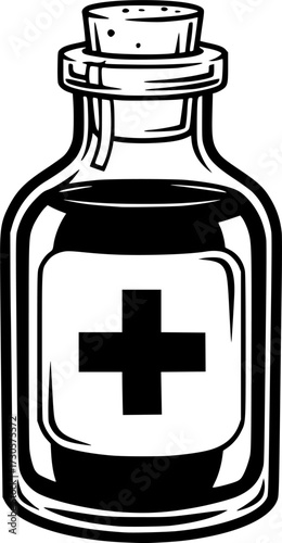a black and white drawing of a medicine bottle with a cross on it, vector illustration

