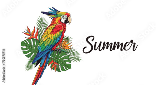 Vibrant tropical macaw parrot on lush green leaves and exotic flowers. Detailed vector illustration SVG isolated on transparent background for summer use.