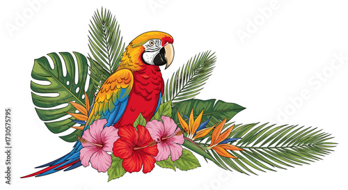 Vibrant tropical parrot, a colorful macaw, nestled in lush green foliage with exotic hibiscus flowers. Vector illustration, isolated on transparent background. SVG.