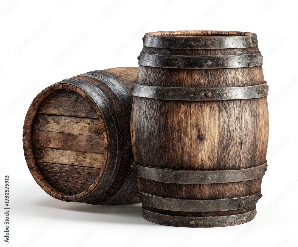 Fototapeta premium Two wooden barrels with metal hoops isolated on white background