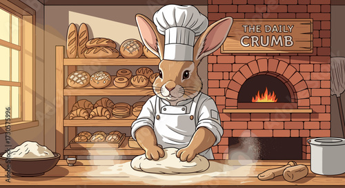 A skilled rabbit chef diligently kneads fresh dough on a wooden counter in a cozy rustic bakery, vector illustration, svg isolated on transparent background.