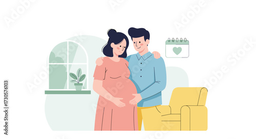 Loving expectant couple embracing, anticipating new baby's arrival at home, tender family moment, svg vector illustration isolated on transparent background.