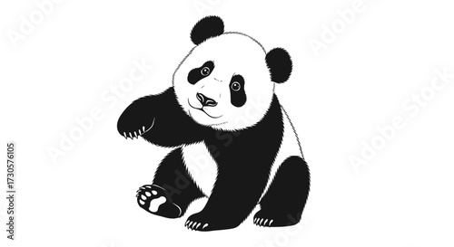 Cute baby panda bear sitting up and waving paw with a friendly smile, adorable vector illustration isolated on transparent background graphic design element.