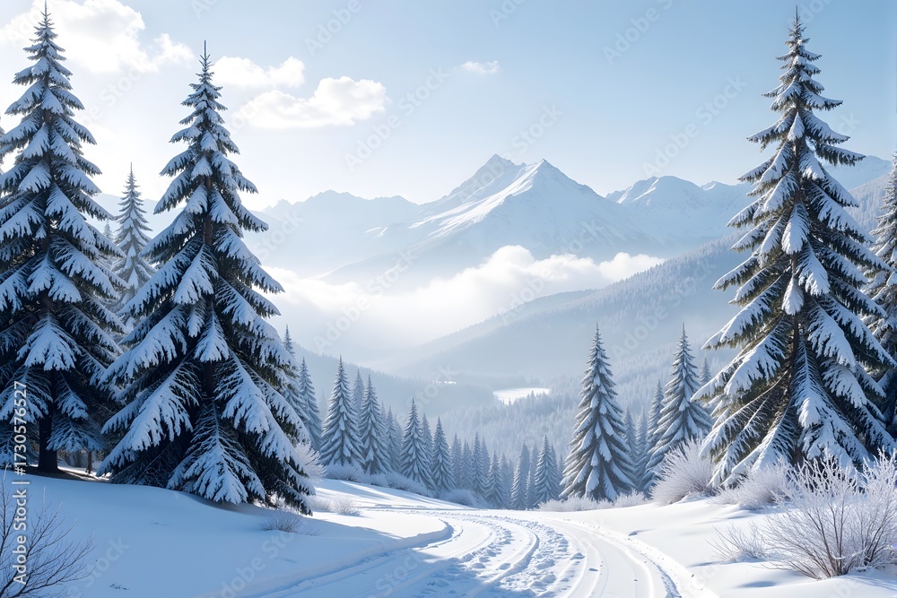 Fototapeta premium Snowy mountain landscape with pine trees and a winding path.
