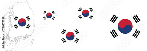 South Korea flag, map, button, heart, round, love, PNG vector illustration 