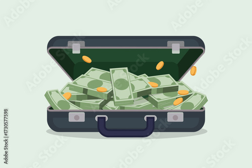 Open Briefcase Full of Cash and Coins: Business Success, Investment, and Financial Security Illustration, Representing Wealth Accumulation and Successful Monetary Ventures