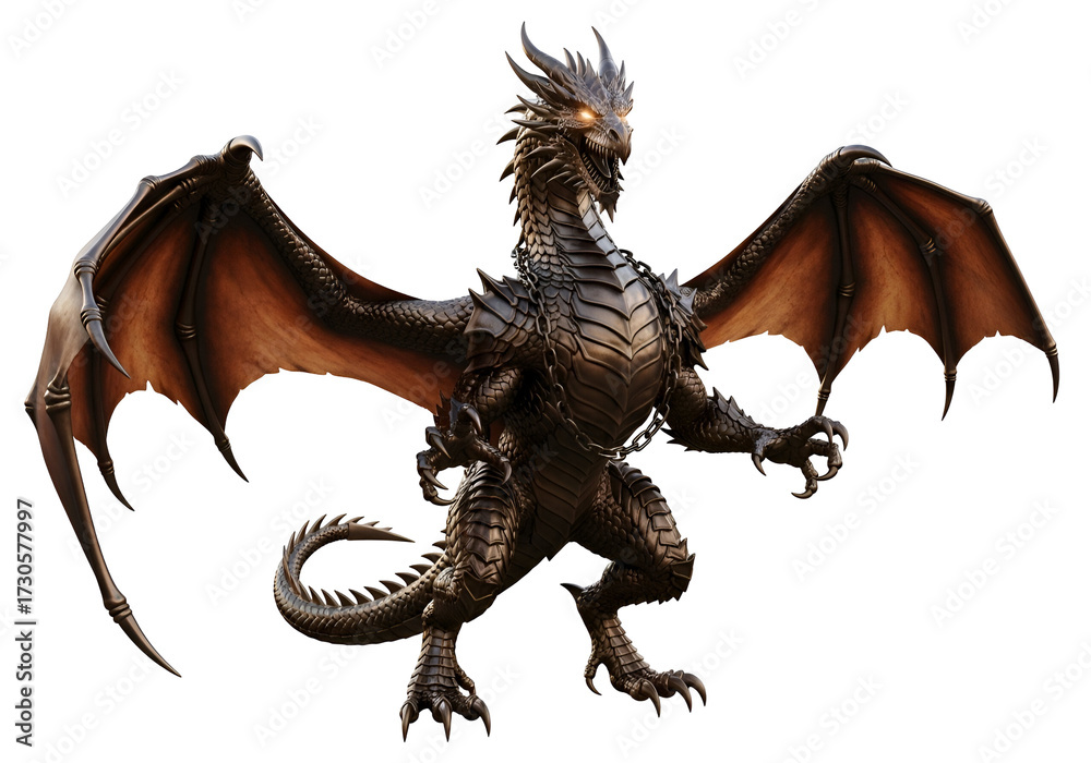 Fototapeta premium A magnificent, armored dragon, with detailed scales and wings, stands against a stark black backdrop, showcasing its imposing presence.