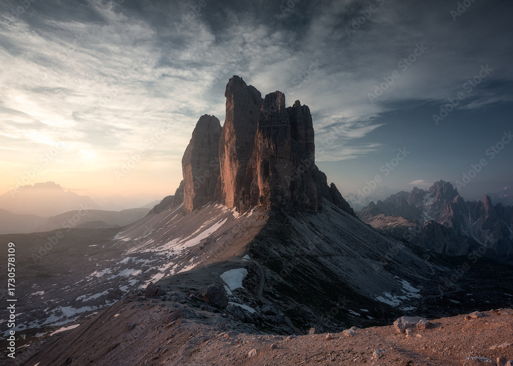 Naklejka premium Famous Tre Cime di Lavaredo at summer time. Landscape of Alps Mountains. Dolomites, Alps, Italy, Europe (Drei Zinnen)