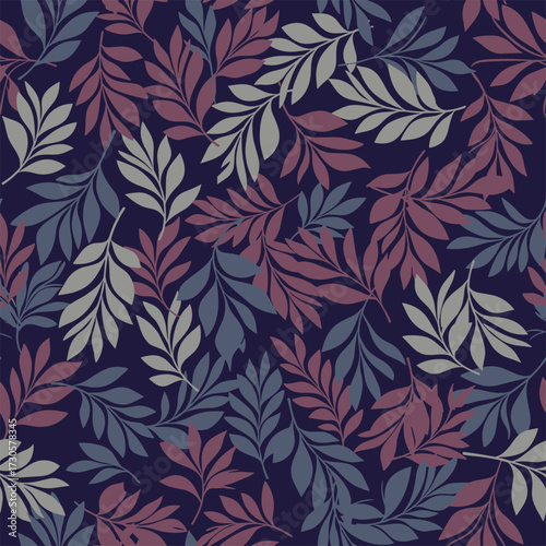 A repeating pattern of stylized leaves in shades of burgundy blue and grey on a dark navy background.