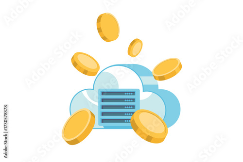 Cloud Computing Monetization: Gold Coins Surrounding a Cloud Server, representing earning money through cloud services and server infrastructure solutions.