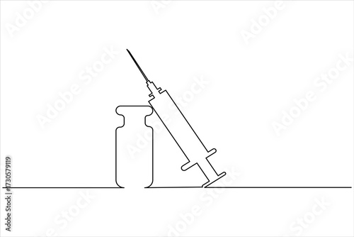 Syringe and medicine bottle continuous one line art vector illustration