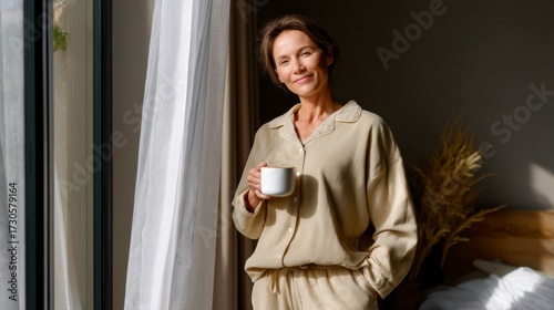 Morning routine with coffee cozy apartment lifestyle image natural light warm atmosphere self-care concept