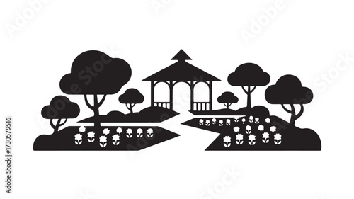 Serene garden path leads to charming gazebo surrounded by trees and blooming flowers offering a peaceful retreat for relaxation and outdoor enjoyment