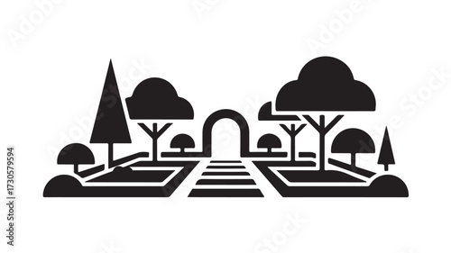 Discover serene garden pathways leading through lush trees and elegant archways, perfect for tranquil retreats and peaceful contemplation