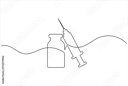 Syringe and medicine bottle continuous one line art vector illustration