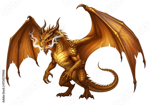 A magnificent golden dragon, wings outstretched, exudes power and majesty against a striking black background.