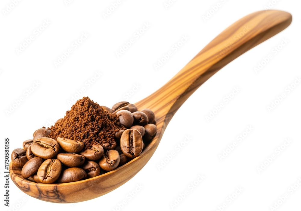 Fototapeta premium Wooden spoon with coffee beans and ground coffee
